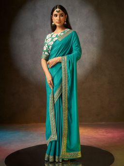 Sarha - Green Poly Georgette Solid/Plain Saree with Unstitched Blouse