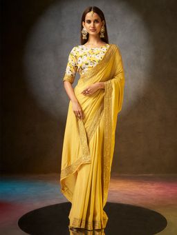Sarha - Yellow Poly Georgette Solid/Plain Saree with Unstitched Blouse