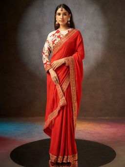 Sarha - Red Poly Georgette Solid/Plain Saree with Unstitched Blouse