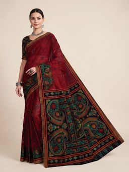 SALWAR STUDIO - Red Printed Pure Cotton Saree With Unstitched Blouse