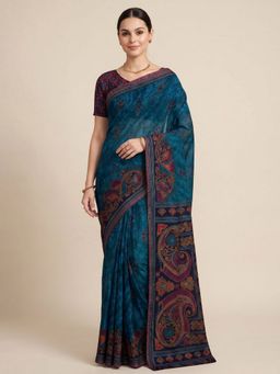 SALWAR STUDIO - Blue Printed Pure Cotton Saree With Unstitched Blouse