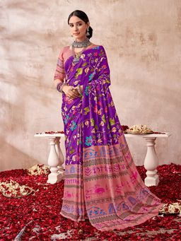 Sarha - Purple Poly Georgette Printed Saree with Unstitched Blouse