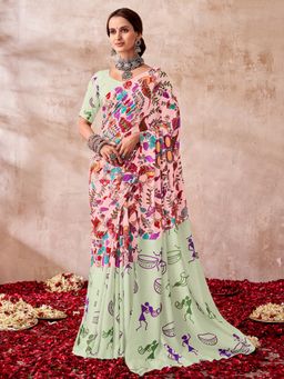 Sarha - Peach Poly Georgette Printed Saree with Unstitched Blouse