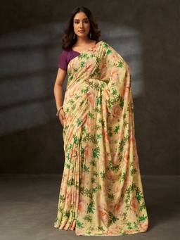 Sarha - Yellow Poly Georgette Floral Saree with Unstitched Blouse