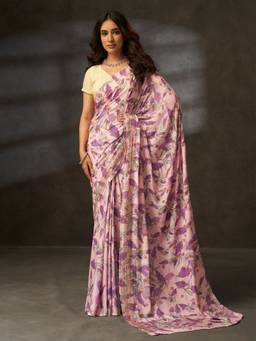 Sarha - Pink Poly Georgette Floral Saree with Unstitched Blouse