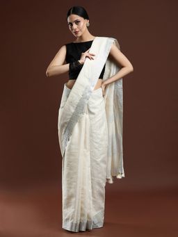 Sarha - White Linen Blend Solid/Plain Saree with Unstitched Blouse