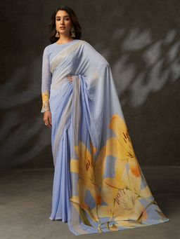 Sarha - Blue Poly Georgette Floral Saree with Unstitched Blouse
