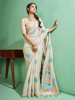 Sarha - Off White Cotton Floral Saree with Unstitched Blouse