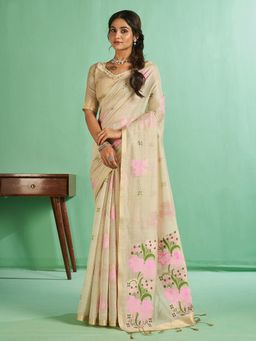 Sarha - Off White Cotton Floral Saree with Unstitched Blouse