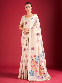 Sarha - Off White Cotton Floral Saree with Unstitched Blouse
