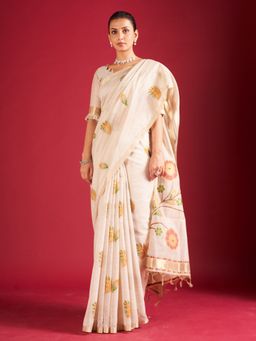 Sarha - Off White Cotton Floral Saree with Unstitched Blouse