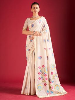 Sarha - Off White Cotton Floral Saree with Unstitched Blouse