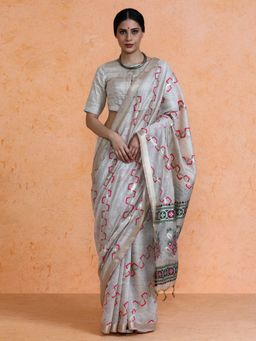 Sarha - Grey Cotton Printed Saree with Unstitched Blouse