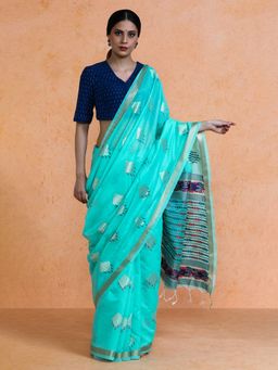 Sarha - Blue Cotton Zari Saree with Unstitched Blouse