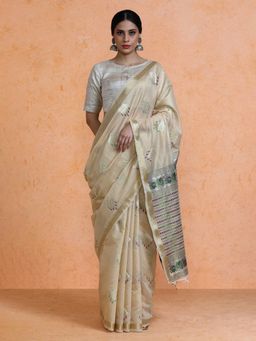 Sarha - Beige Cotton Zari Saree with Unstitched Blouse
