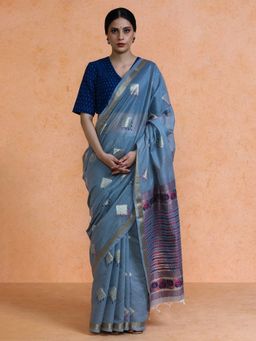 Sarha - Blue Cotton Zari Saree with Unstitched Blouse