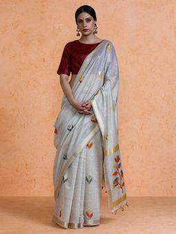 Sarha - Grey Cotton Printed Saree with Unstitched Blouse