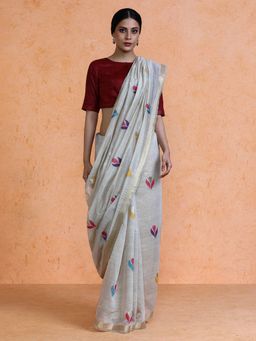 Sarha - Grey Cotton Printed Saree with Unstitched Blouse