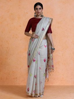 Sarha - Grey Cotton Printed Saree with Unstitched Blouse
