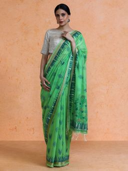 Sarha - Green Cotton Woven Saree with Unstitched Blouse