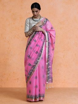 Sarha - Pink Cotton Woven Saree with Unstitched Blouse