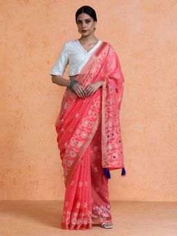 Sarha - Pink Cotton Floral Saree with Unstitched Blouse