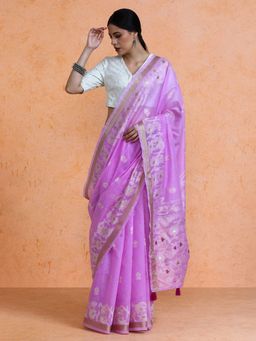 Sarha - Purple Cotton Floral Saree with Unstitched Blouse