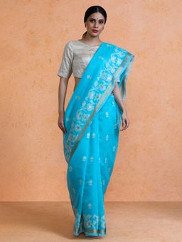 Sarha - Blue Cotton Floral Saree with Unstitched Blouse