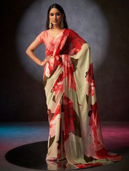 Sarha - Cream Poly Georgette Floral Saree with Unstitched Blouse