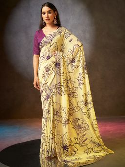 Sarha - Yellow Poly Georgette Floral Saree with Unstitched Blouse