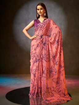 Sarha - Pink Poly Georgette Floral Saree with Unstitched Blouse