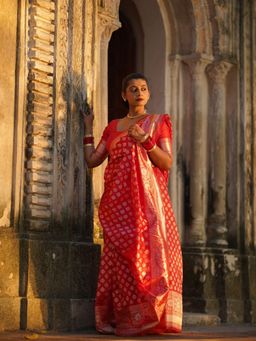 AAKAR - Women Red Silk Woven Saree with Unstitched Blouse