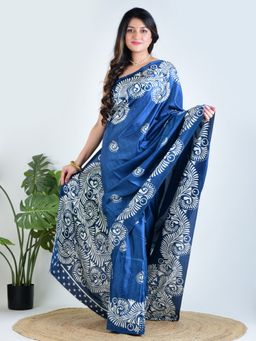 AAKAR - Women Blue Silk Floral Saree with Unstitched Blouse