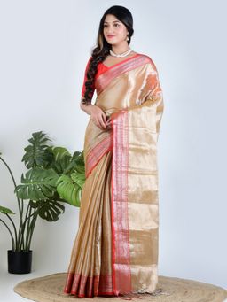 AAKAR - Women Gold Tissue Woven Saree with Unstitched Blouse