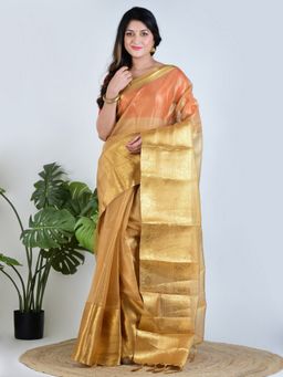 AAKAR - Women Gold Tissue Woven Saree with Unstitched Blouse