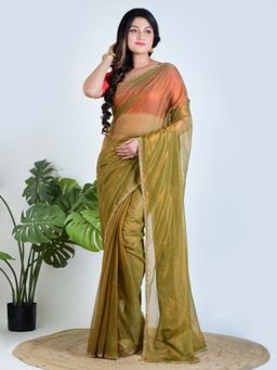 AAKAR - Women Green Tissue Woven Saree with Unstitched Blouse