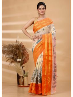 Ruuprekha - Orange Woven Cotton Blend Saree With Unstitched Blouse