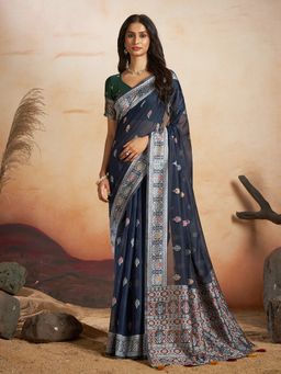 Sarha - Blue Cotton Printed Saree with Unstitched Blouse