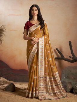 Sarha - Mustard Cotton Printed Saree with Unstitched Blouse