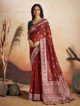 Sarha - Maroon Cotton Printed Saree with Unstitched Blouse