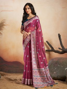 Sarha - Pink Cotton Printed Saree with Unstitched Blouse