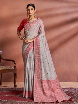 Sarha - Grey Cotton Blend Woven Saree with Unstitched Blouse