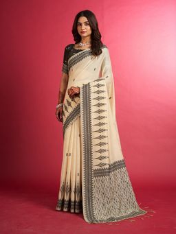 Sarha - Beige Cotton Woven Saree with Unstitched Blouse