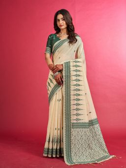 Sarha - Beige Cotton Blend Woven Saree with Unstitched Blouse