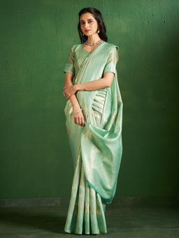 Sarha - Green Tissue Geometric Saree with Unstitched Blouse
