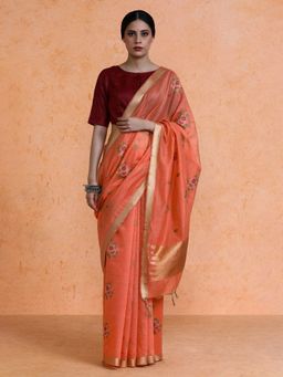 Sarha - Orange Cotton Printed Saree with Unstitched Blouse