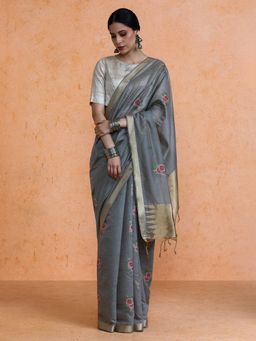 Sarha - Grey Cotton Printed Saree with Unstitched Blouse