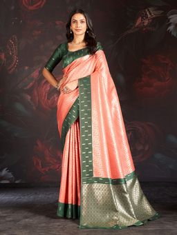 Sarha - Peach Silk Geometric Saree with Unstitched Blouse