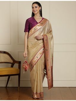 Sarha - Beige Silk Woven Saree with Unstitched Blouse
