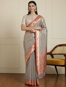 Sarha - Grey Silk Blend Woven Saree with Unstitched Blouse